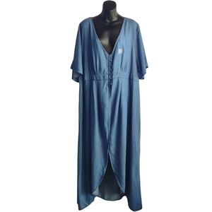Simply Be Jean Denim Maxi Dress Women's V-Neck Blue Soft Plus Size 26 NWT